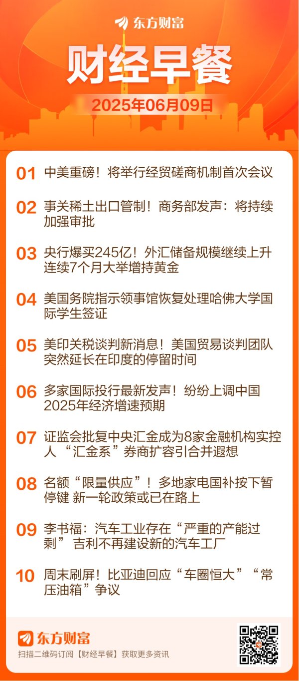 股票配资业务 东方财富财经早餐 6月9日周一